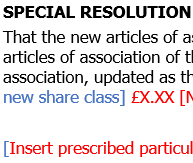 Template resolution to approve share reclassification and new articles of association