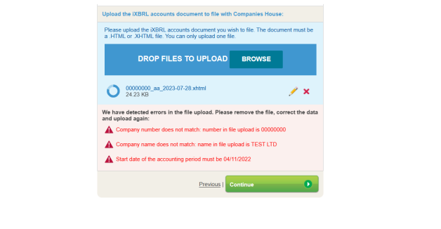 Inform Direct checks the file for mandatory iXBRL tags