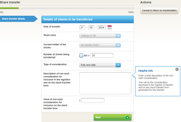 Non-cash consideration share transfers